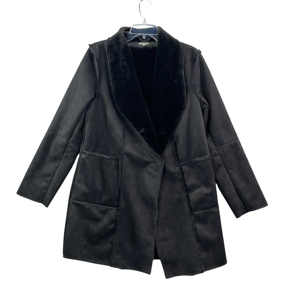Max Studio Faux Suede Coat Womens Medium Black Fur Trim Open Front Jacket Goth